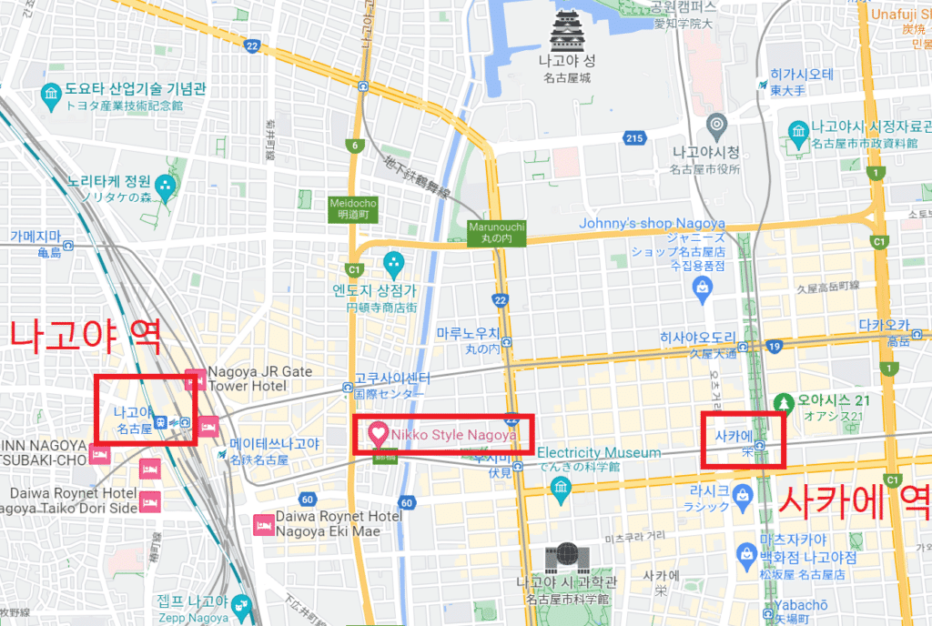 나고야 역과 사카에 역의 각 위치