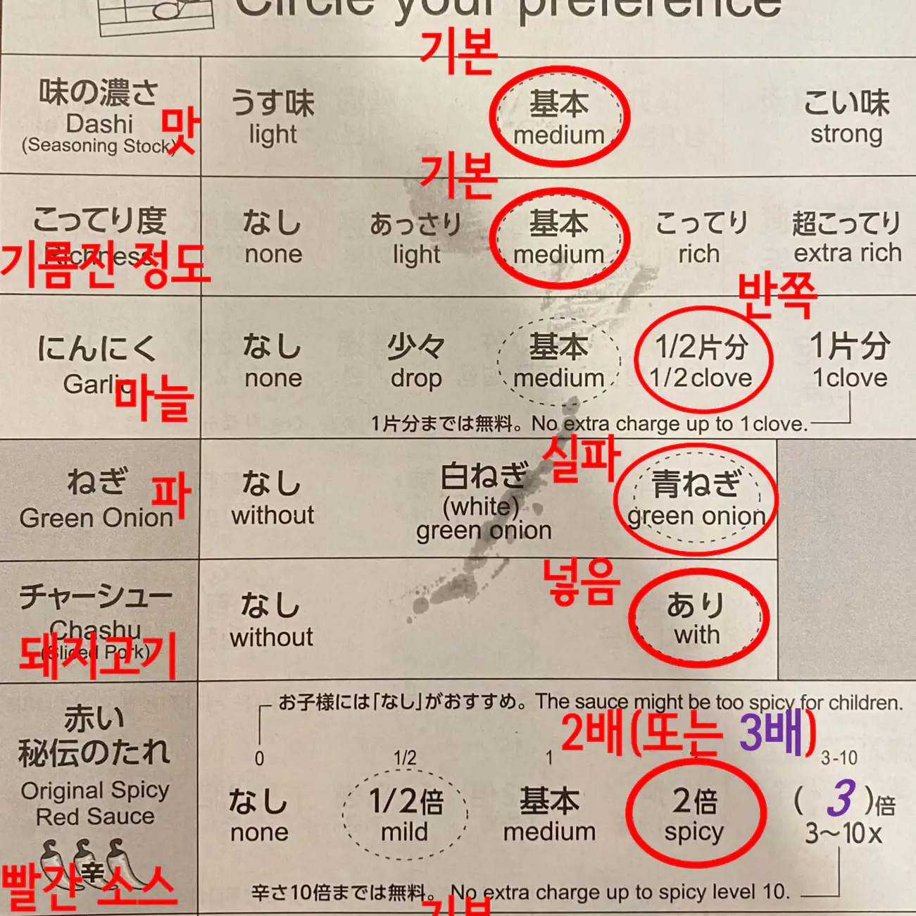 이치란 라멘 주문표